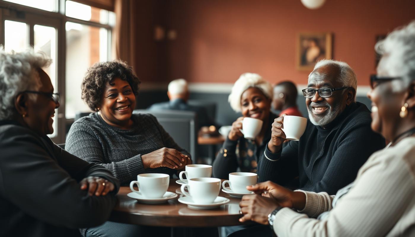 Retired listeners gathered around a table sharing coffee and conversation