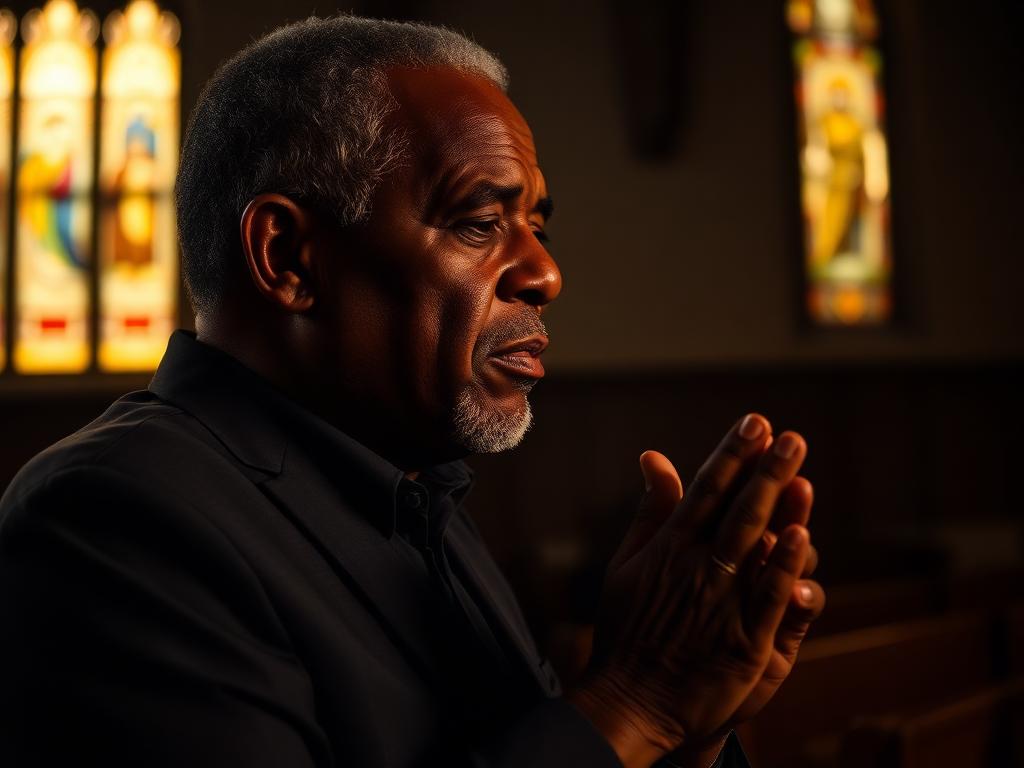 African American man praying in church light