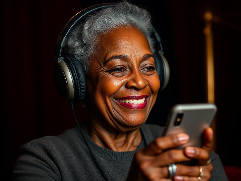 African American woman in headphones listening to the podcast