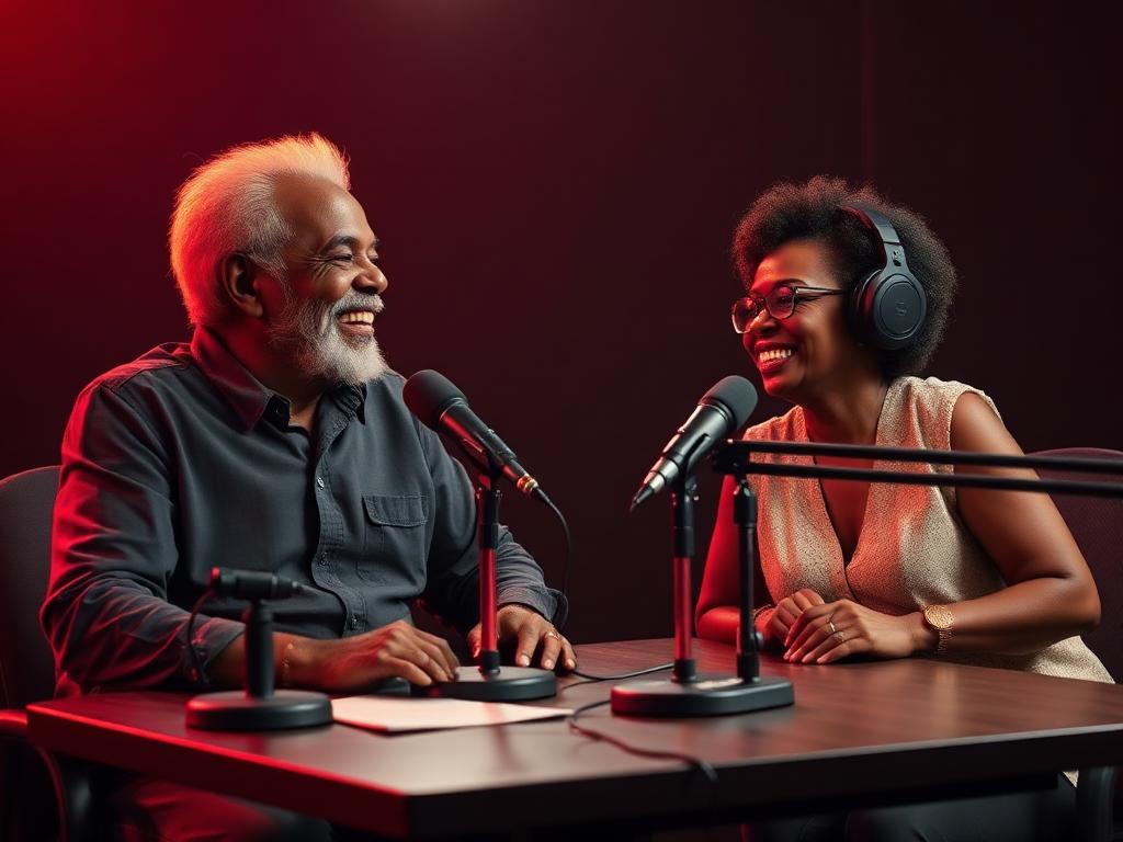 Two African American retirees laughing behind studio microphones